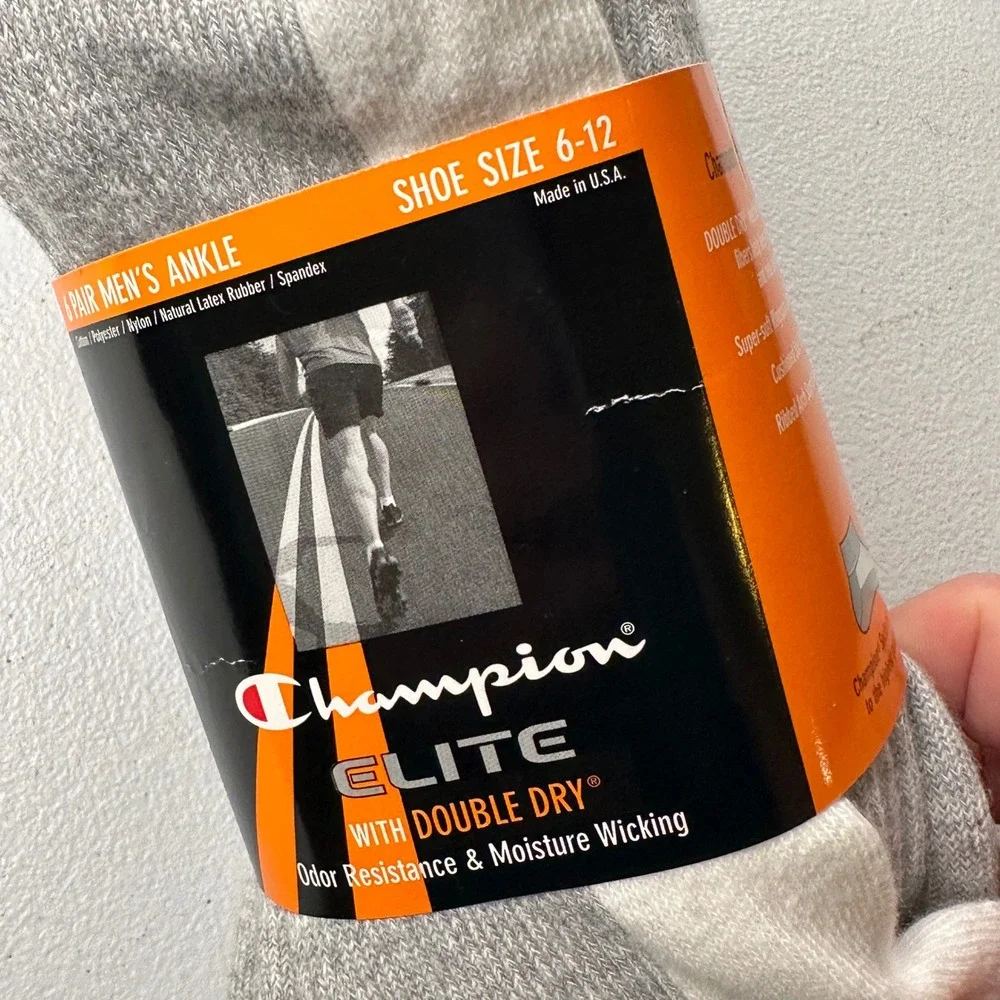 Champion Elite Ankle Socks 6 Pair Gray White Cotton Blend USA Made Shoe 6-12